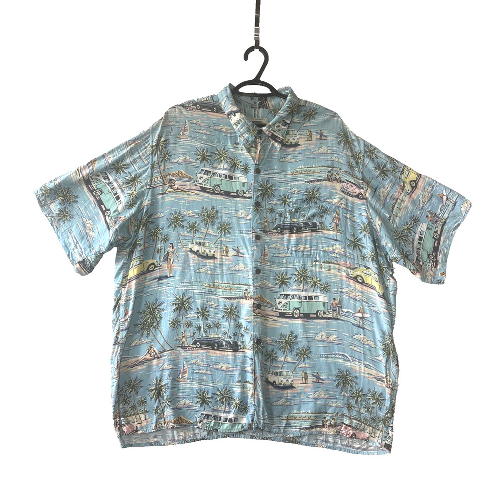 Vtg Reyn Spooner Art of Eddy Y Rayon Pastel VW Bus Surf Hawaiian Shirt Size XXL